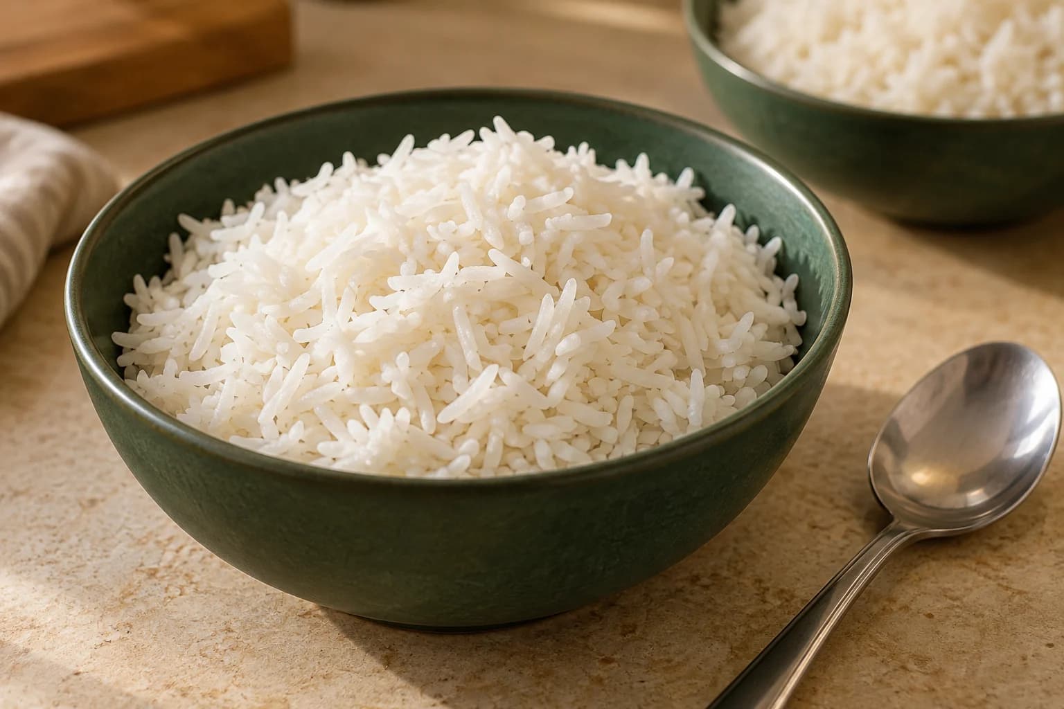 Illustration of fluffy cooked long-grain rice in a green serving bowl beside a spoon