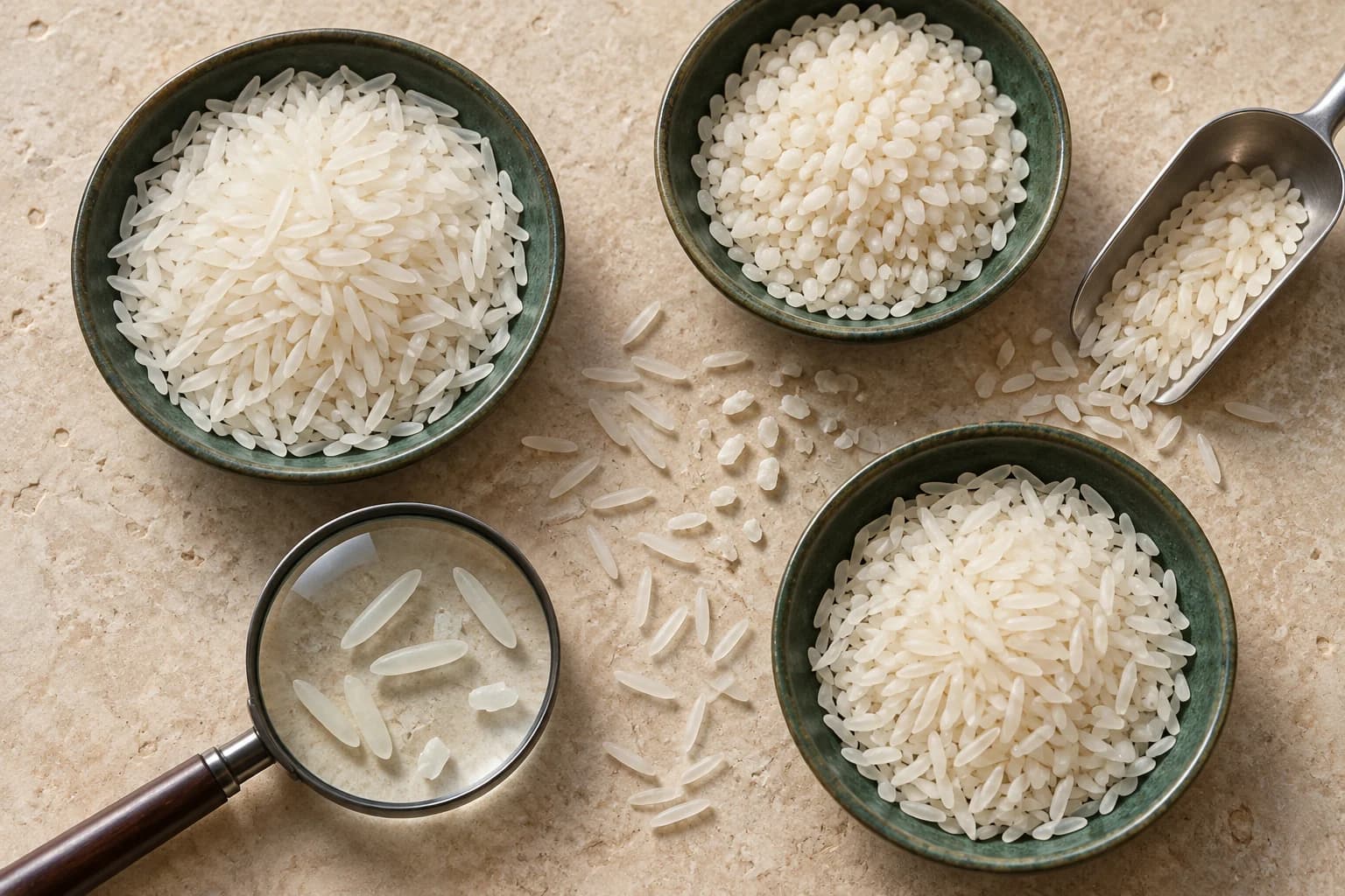 Illustration of rice samples in ceramic bowls with a magnifying glass and scoop