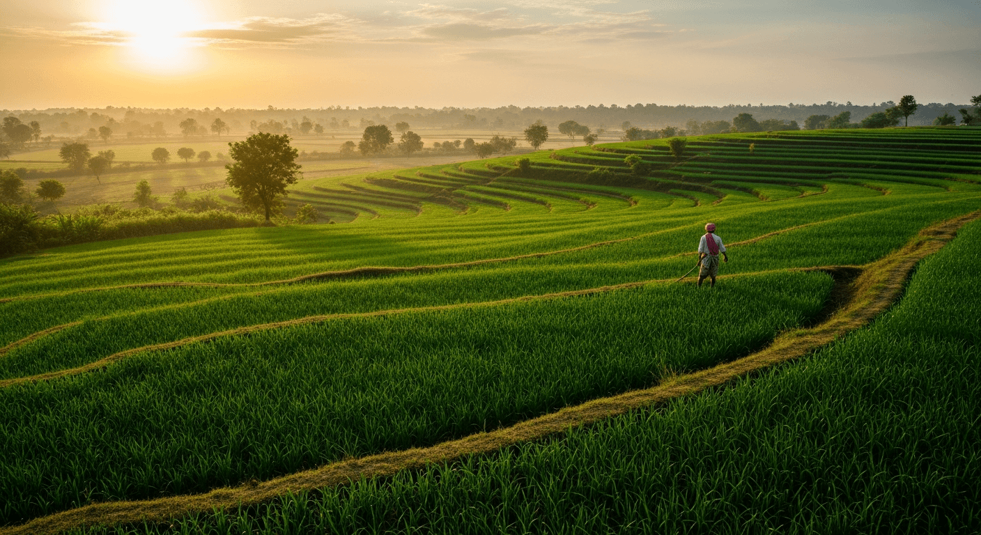 Illustration of a farmer tending green fields in the warm morning light