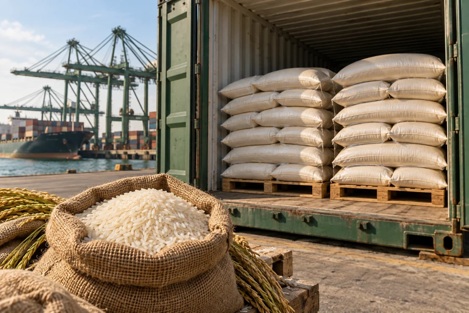 Illustration of rice sacks on pallets in a shipping container beside a port