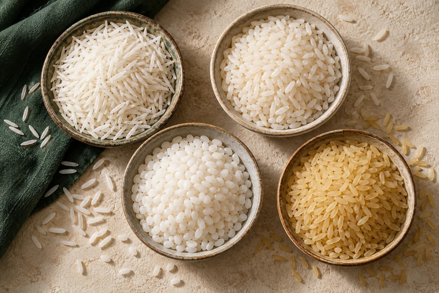 Illustration of long, medium, short, and golden rice grains in four ceramic bowls